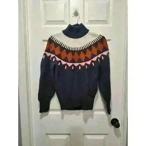Free Assembly Fair Isle mock neck cotton wool sweater size MEDIUM skii core puff - Picture 1 of 7